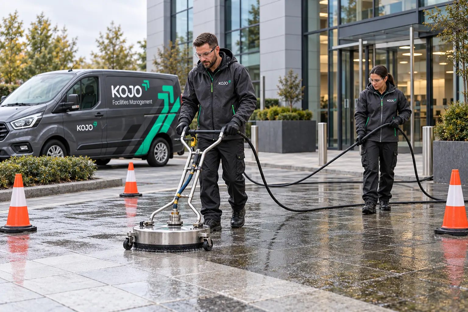 KOJO FM team pressure washing a forecourt beside a branded van