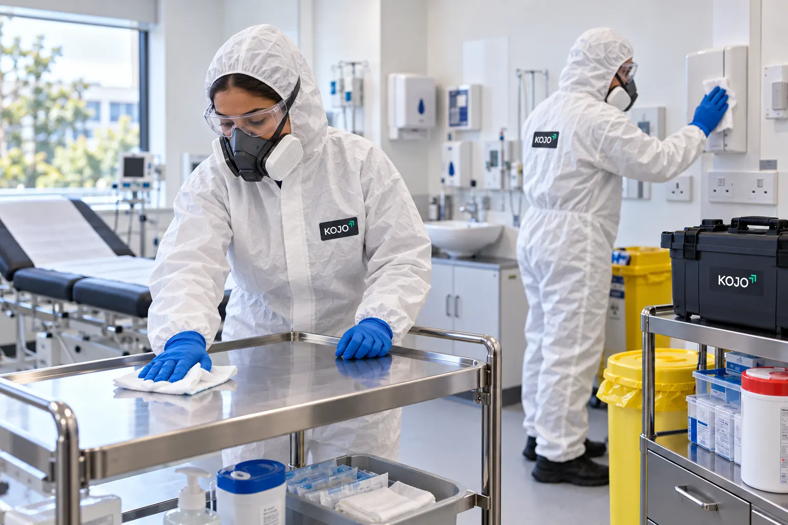 KOJO FM decontamination team in protective suits cleaning a clinical room