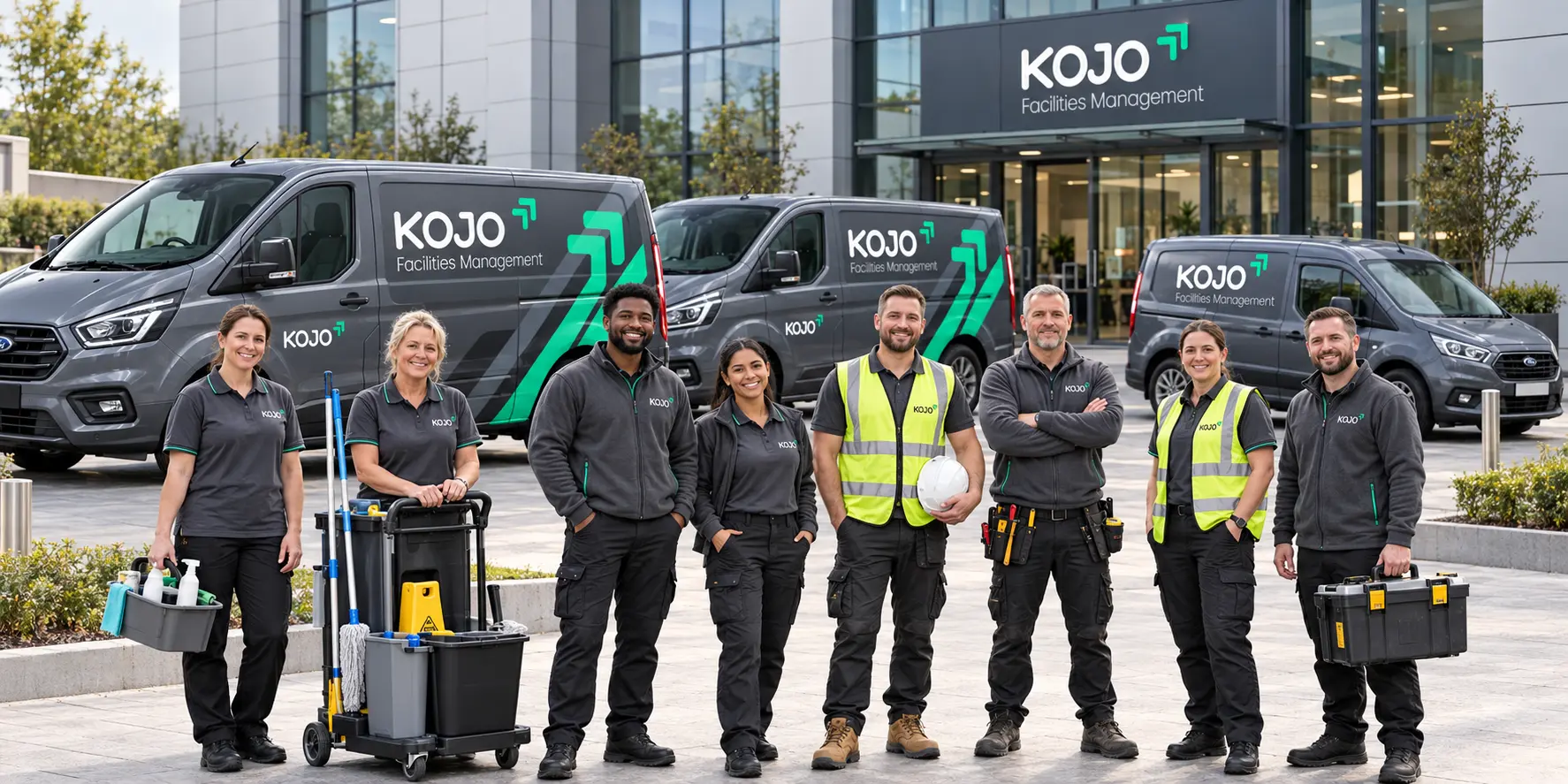 The KOJO Facilities Management team standing in front of branded service vans and the KOJO office
