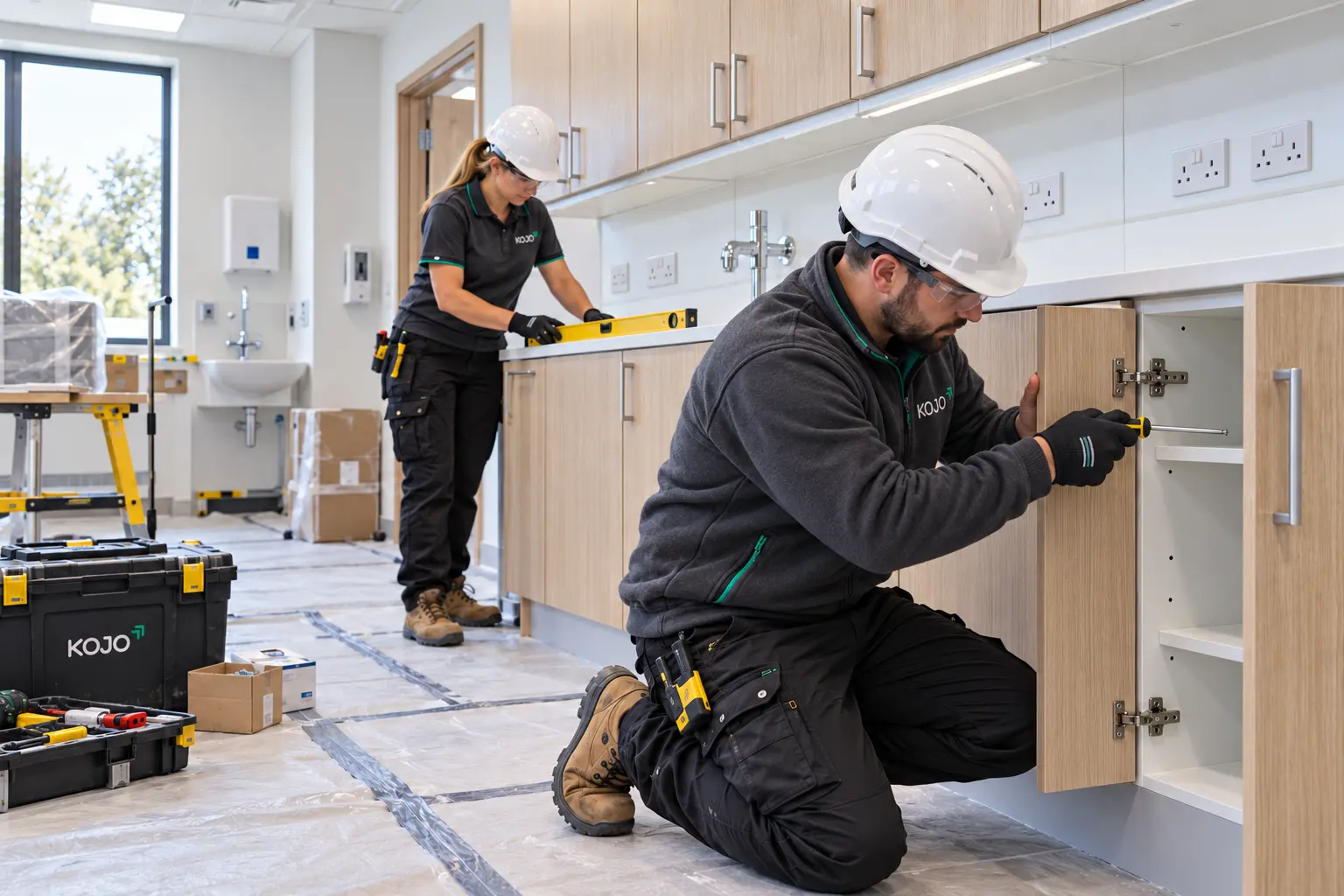 KOJO FM operative inspecting a cabinet hinge in a fitted treatment room